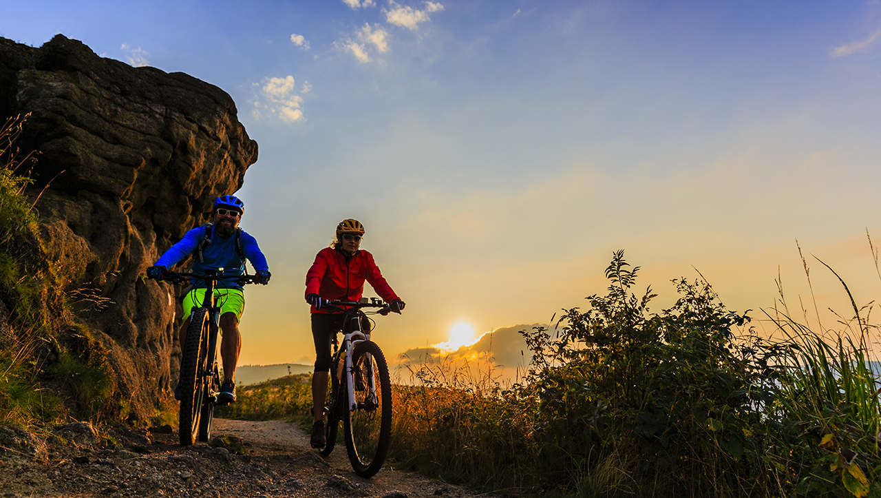 A couple is seen riding mountain bikes on a rough trail.