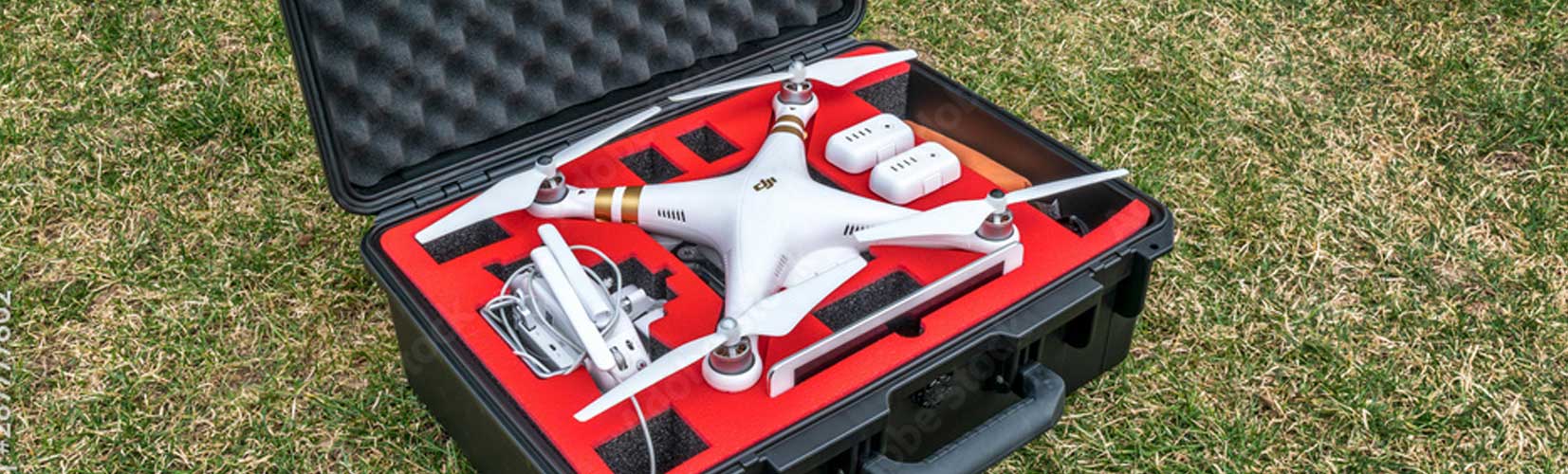 A drone is protected by engineered foam inside a hard case
