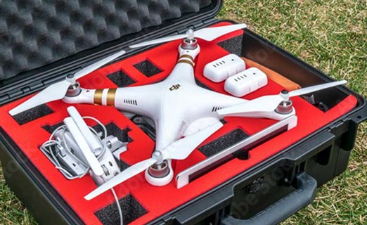 A drone is protected by engineered foam inside a hard case