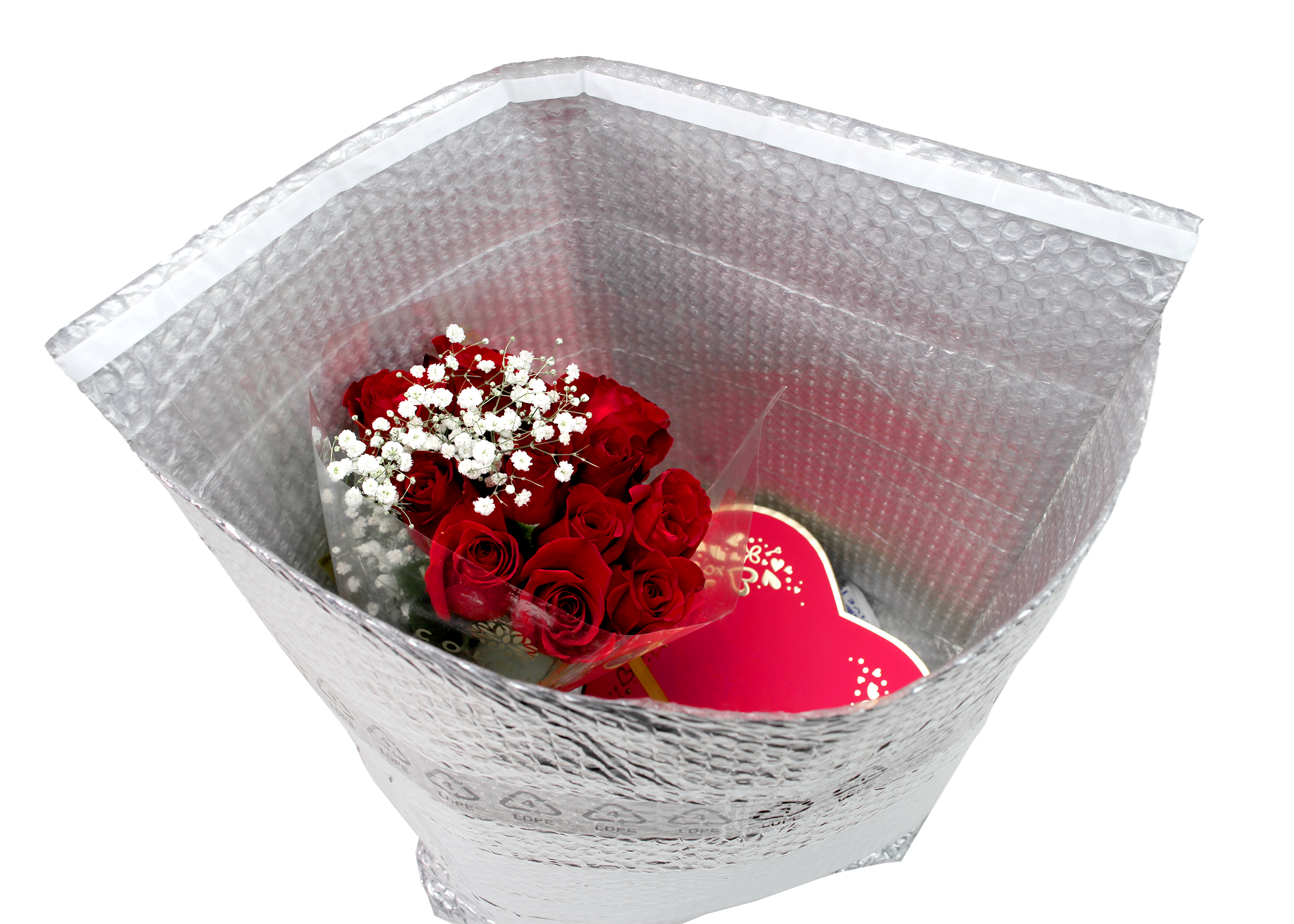 Boquet of red roses and a box of chocolates inside Pregis’ ThermaCycle Flex protective packaging