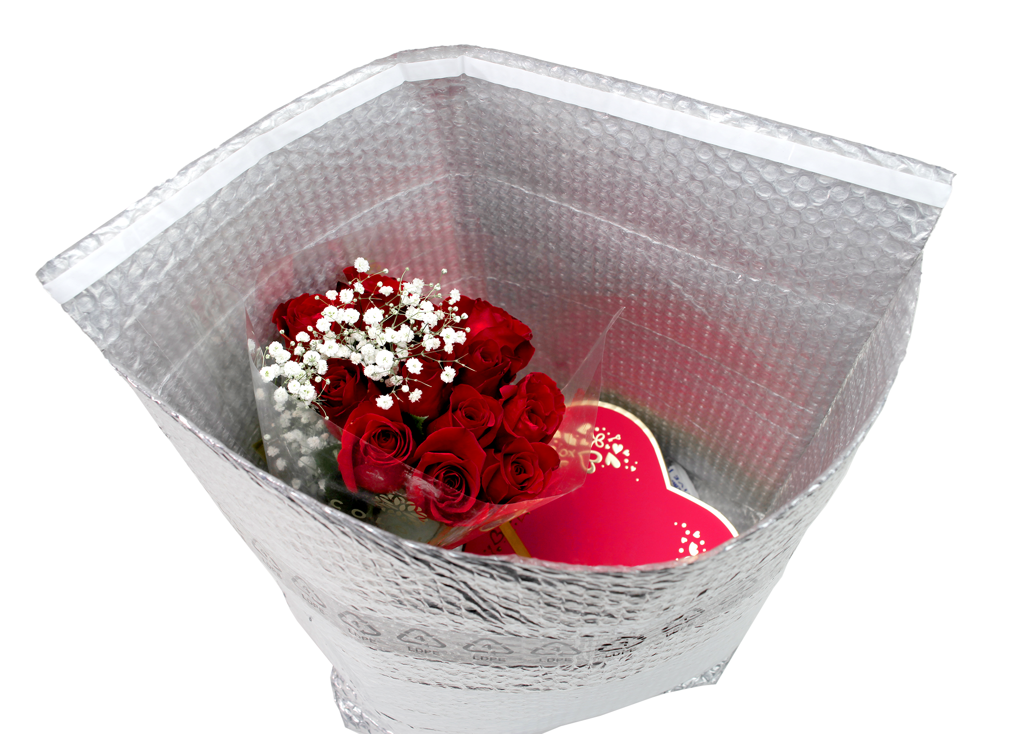 Boquet of red roses and a box of chocolates inside Pregis’ ThermaCycle Flex protective packaging
