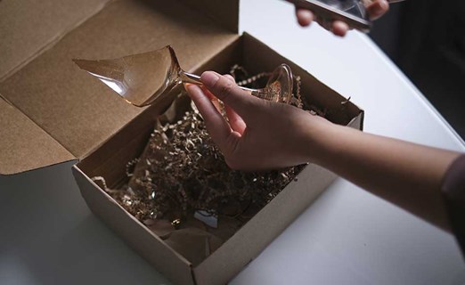 damaged wine glass inside fragile box packaging