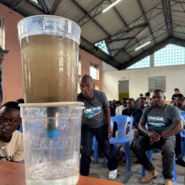 As water enters the filter, it surrounds the membrane. Clean water molecules are able to pass through the membrane, while biological contaminates are unable to pass.