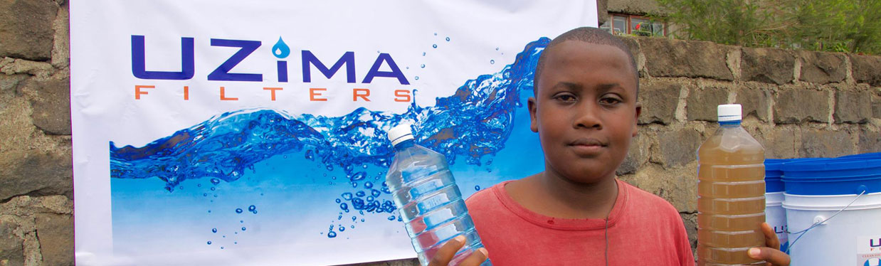 Boy holding a bottle of dirty water alongside uzima clean water 