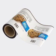 Roll of flexible film print web used for packaged food labeling
