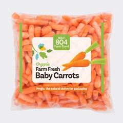 Flexible produce packaging made with compostable film blend for fresh baby carrots