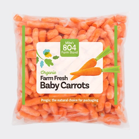 Flexible produce packaging made with compostable film blend for fresh baby carrots