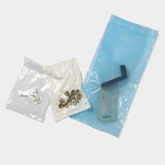 A set of small components packaged in clear and blue multipurpose poly bags. The items include metal hardware pieces, a plastic bracket, and an additional accessory in separate transparent bags.
