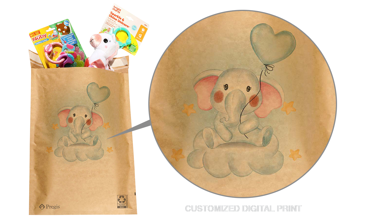 A Pregis Evertec paper mailer featuring a custom digital print of an adorable baby elephant sitting on a cloud, holding a heart-shaped balloon, with yellow stars surrounding it. The mailer is filled with colorful toys, including a baby rattle and a plush unicorn. The 'how2recycle.info' logo is visible at the bottom right, indicating the bag is recyclable.