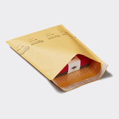 An Evertec cushioned mailer lined with bubble padding inside, partially open to reveal a neatly packaged red and white gift box inside.